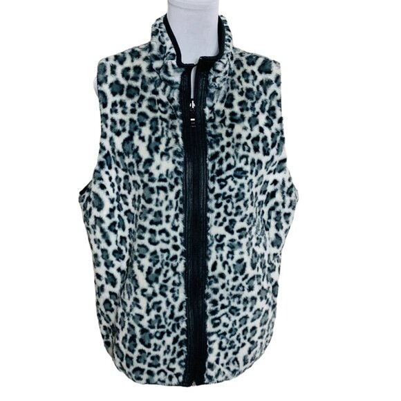 Reversible Leopard Zip Vest Faux Fur Size L Black Quilted Trendy Cozy Layering - Picture 2 of 11